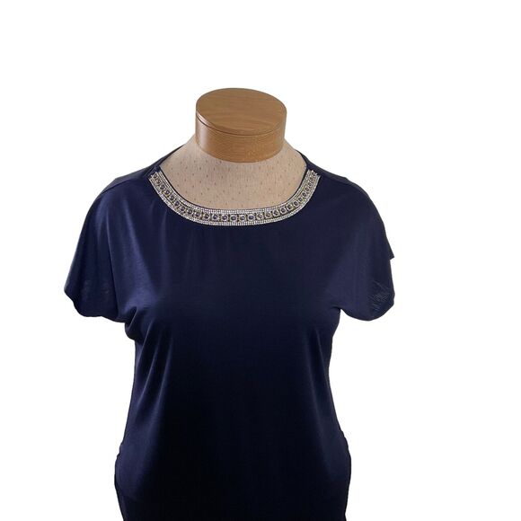 Sweet Wanderer Maternity Medium Navy Blue Embellished Neckline Blouse Top New - Picture 14 of 14
